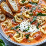 Homemade Creamy Tomato Basil Tortellini Soup with Garlic Bread Croutons photo