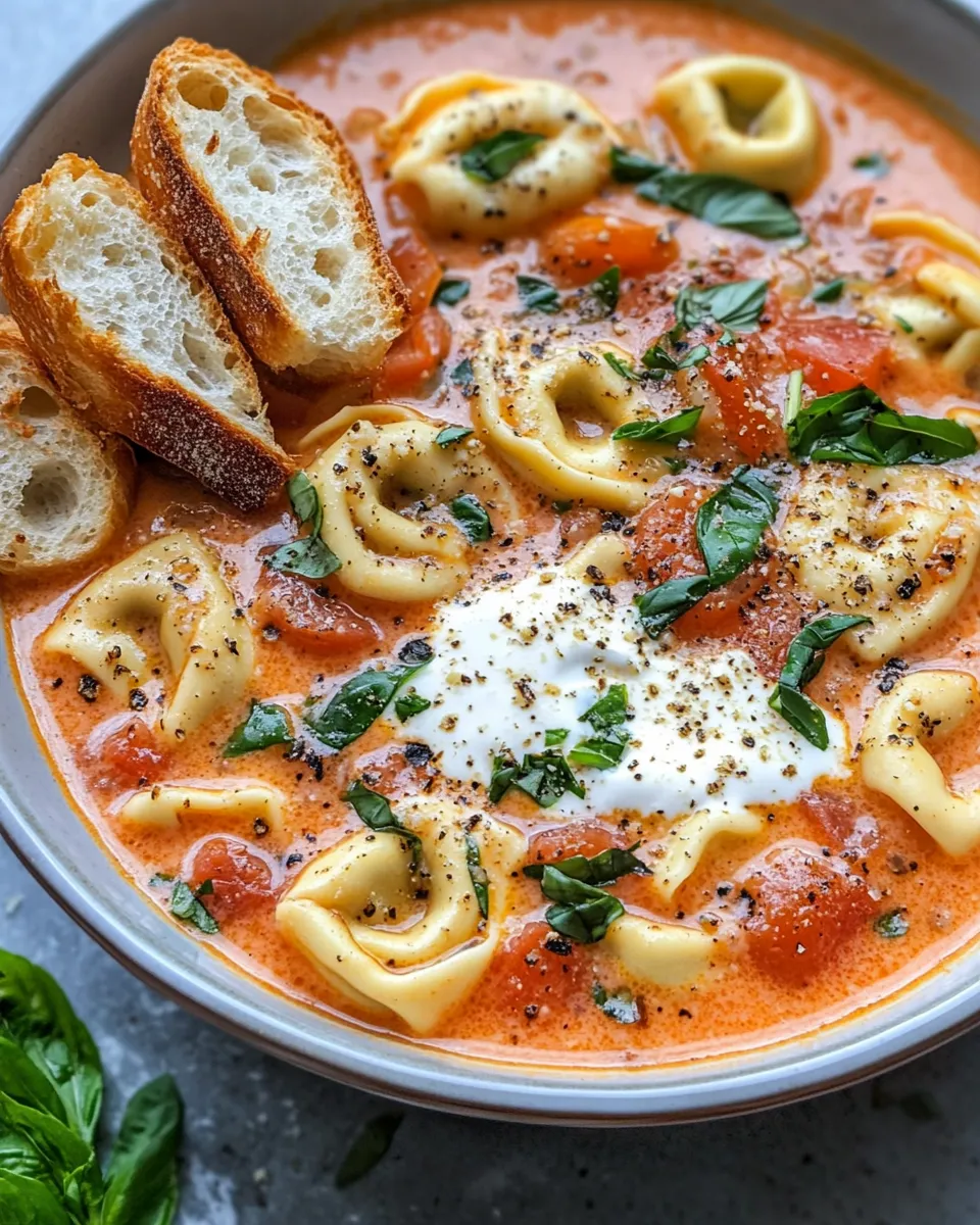 Homemade Creamy Tomato Basil Tortellini Soup with Garlic Bread Croutons photo
