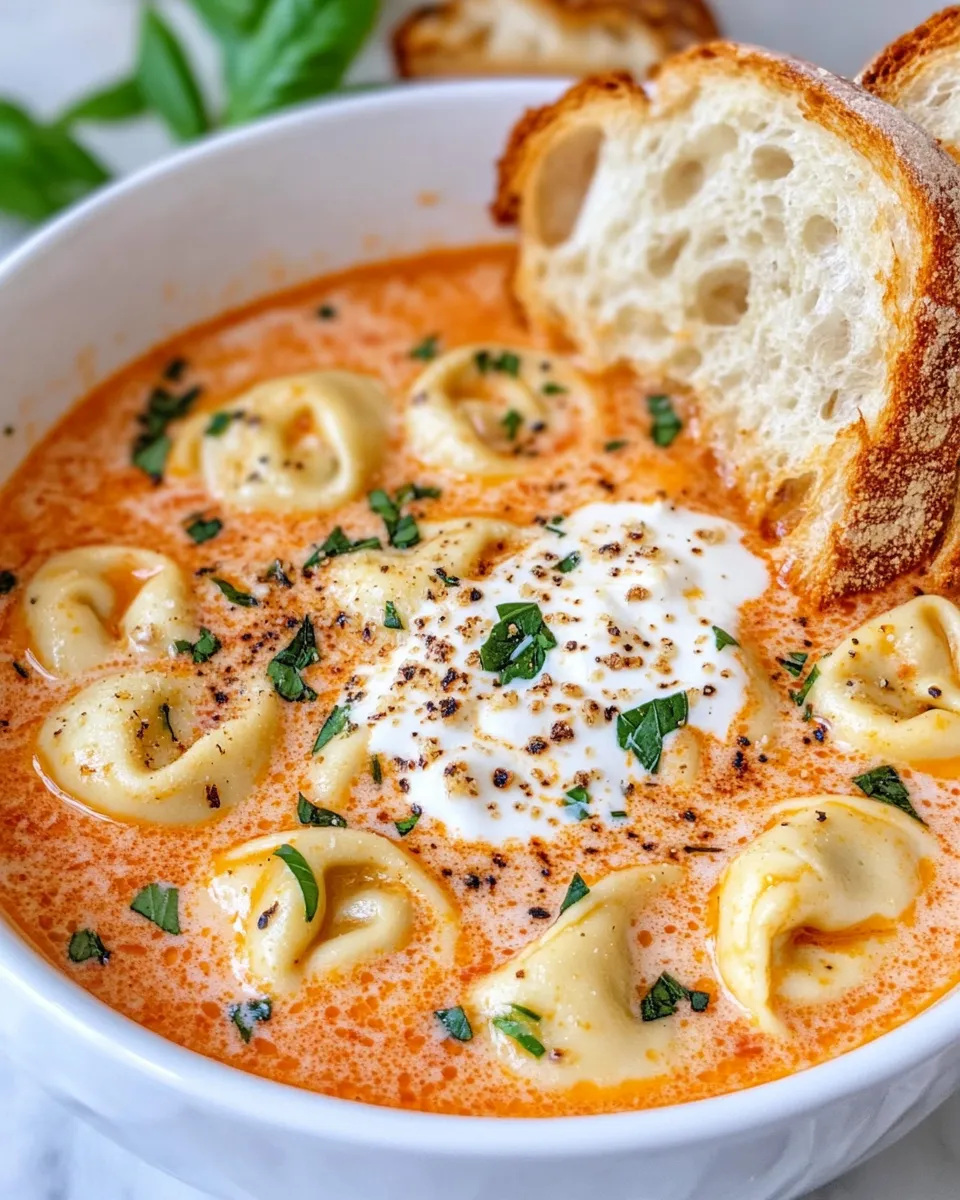 Classic Creamy Tomato Basil Tortellini Soup with Garlic Bread Croutons image