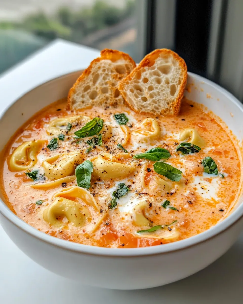 Easy Creamy Tomato Basil Tortellini Soup with Garlic Bread Croutons recipe image