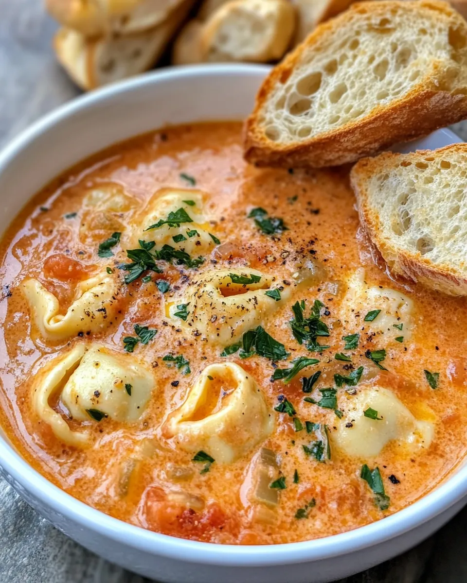 Delicious Creamy Tomato Basil Tortellini Soup with Garlic Bread Croutons dish photo