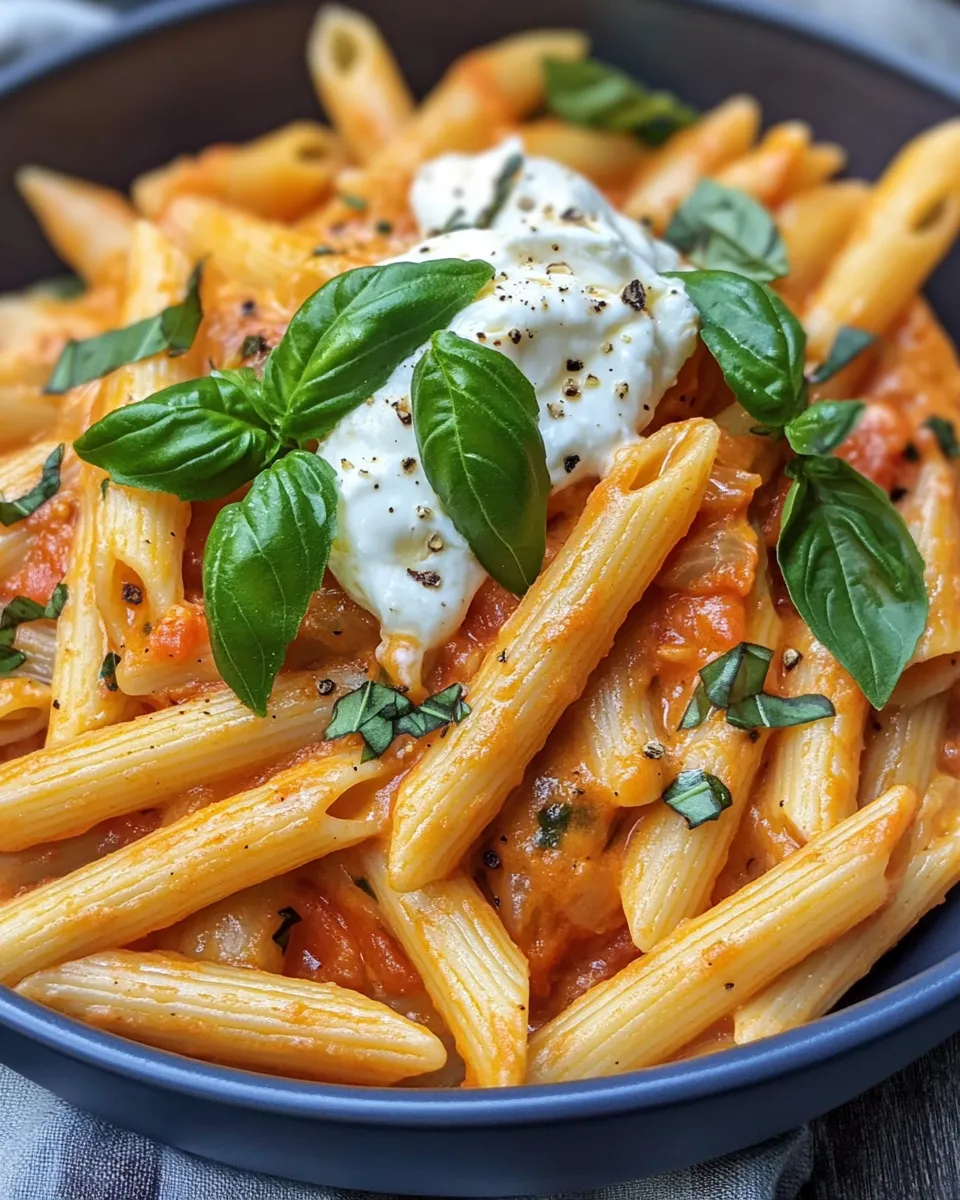 Easy Creamy Tomato Vodka Penne with Burrata Clouds food shot