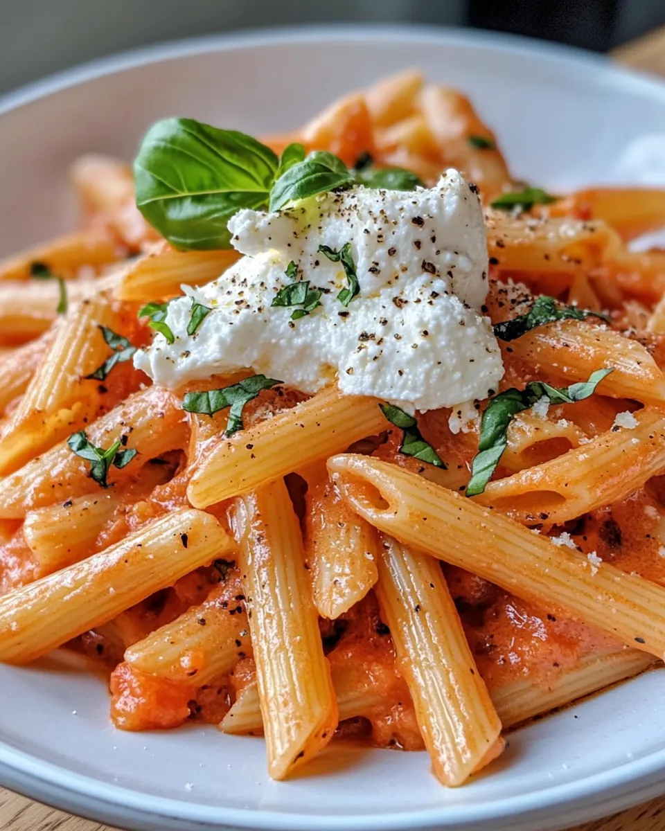 Delicious Creamy Tomato Vodka Penne with Burrata Clouds plate image