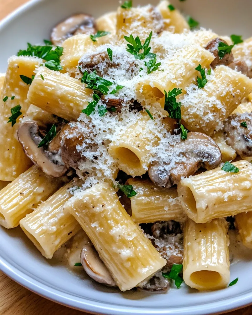 Easy Creamy Truffle Mushroom Rigatoni with Parmesan Snow dish photo
