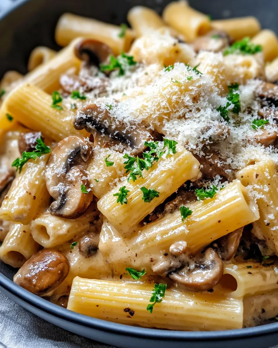 Delicious Creamy Truffle Mushroom Rigatoni with Parmesan Snow food shot