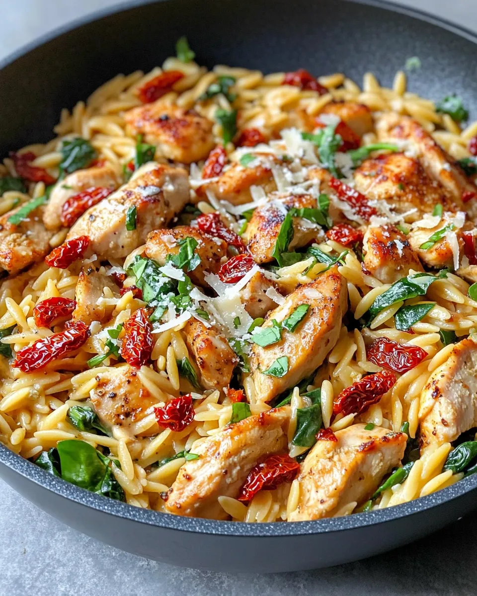 Easy Creamy Tuscan Chicken Orzo with Sun-Dried Tomatoes food shot
