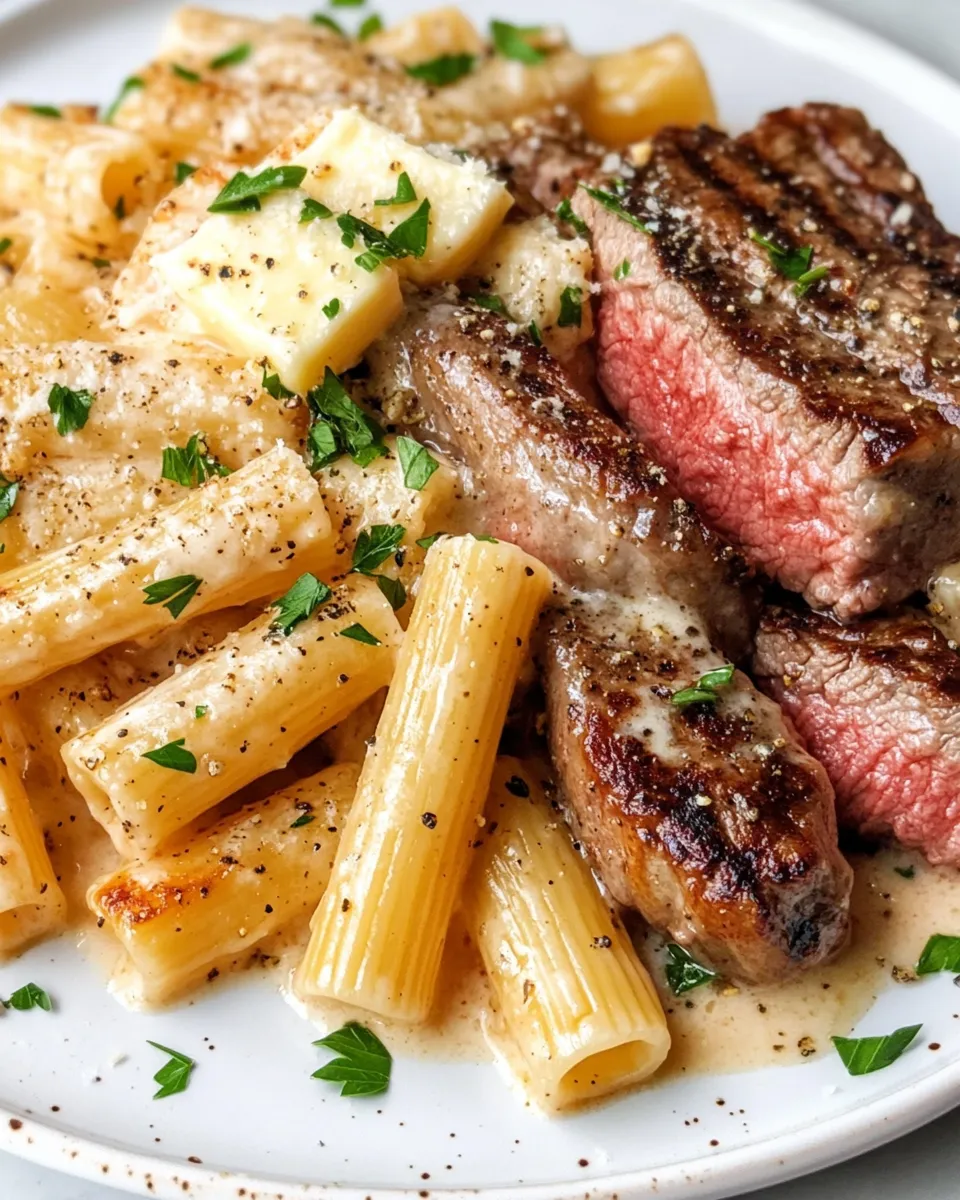 Classic Garlic Butter Steak with Creamy Parmesan Rigatoni image