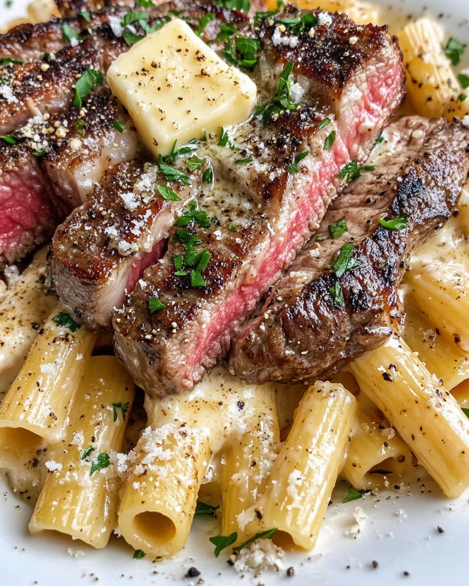 Easy Garlic Butter Steak with Creamy Parmesan Rigatoni plate image