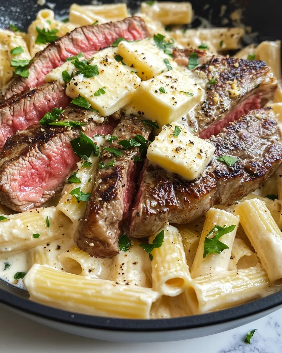 Delicious Garlic Butter Steak with Creamy Parmesan Rigatoni dish photo
