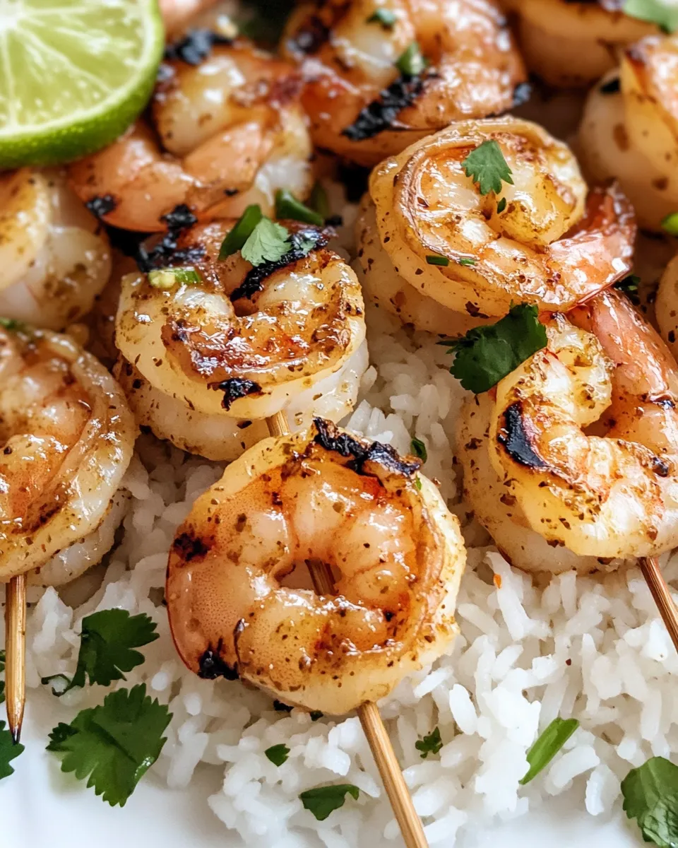Easy Honey Garlic Glazed Shrimp Skewers with Lime Rice food shot