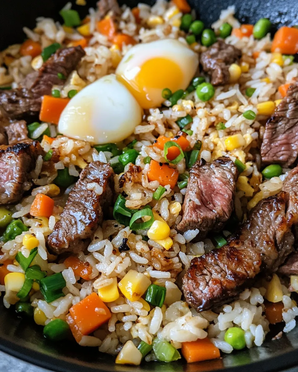Easy Honey Garlic Steak Fried Rice with Egg Ribbons food shot
