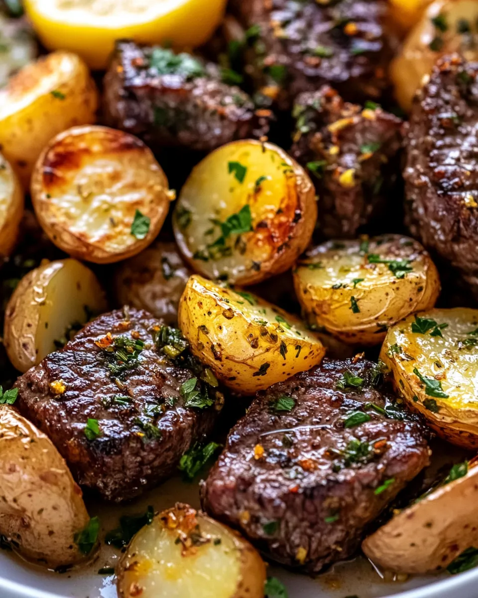 Classic Lemon Garlic Butter Steak Tips with Herb Potatoes dish photo