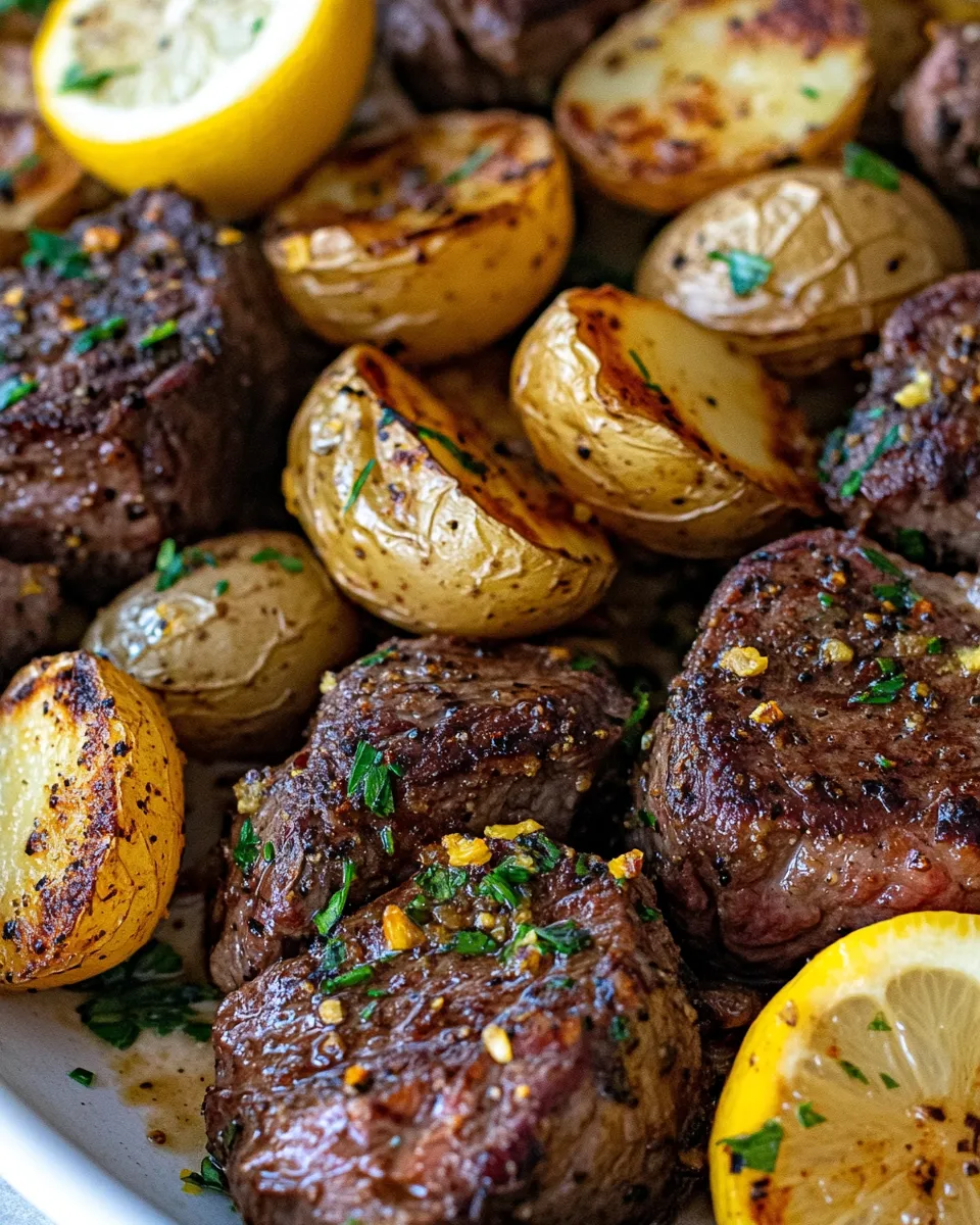 Easy Lemon Garlic Butter Steak Tips with Herb Potatoes food shot