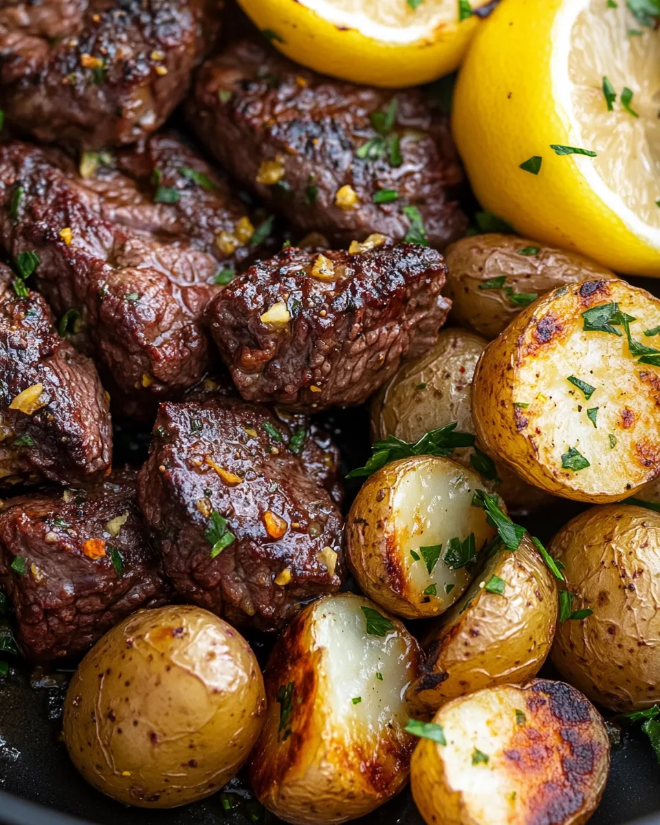 Delicious Lemon Garlic Butter Steak Tips with Herb Potatoes plate image