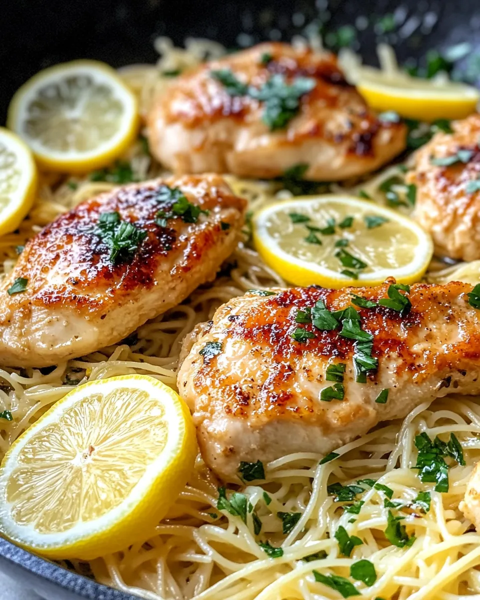 Delicious Lemon Pepper Butter Chicken Piccata over Angel Hair dish photo