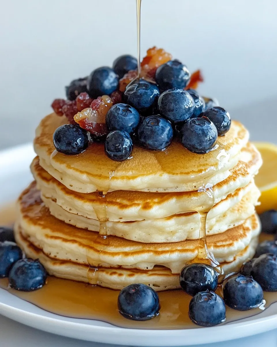 Delicious Lemon Ricotta Blueberry Pancakes with Warm Syrup dish photo