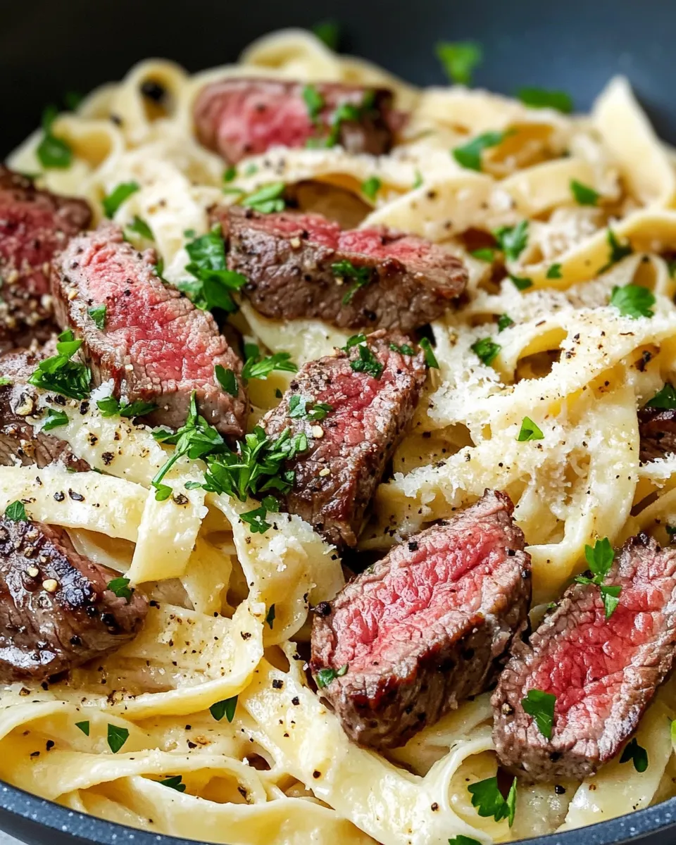 Delicious One-Pot Creamy Spicy Garlic Butter Steak & Pasta food shot