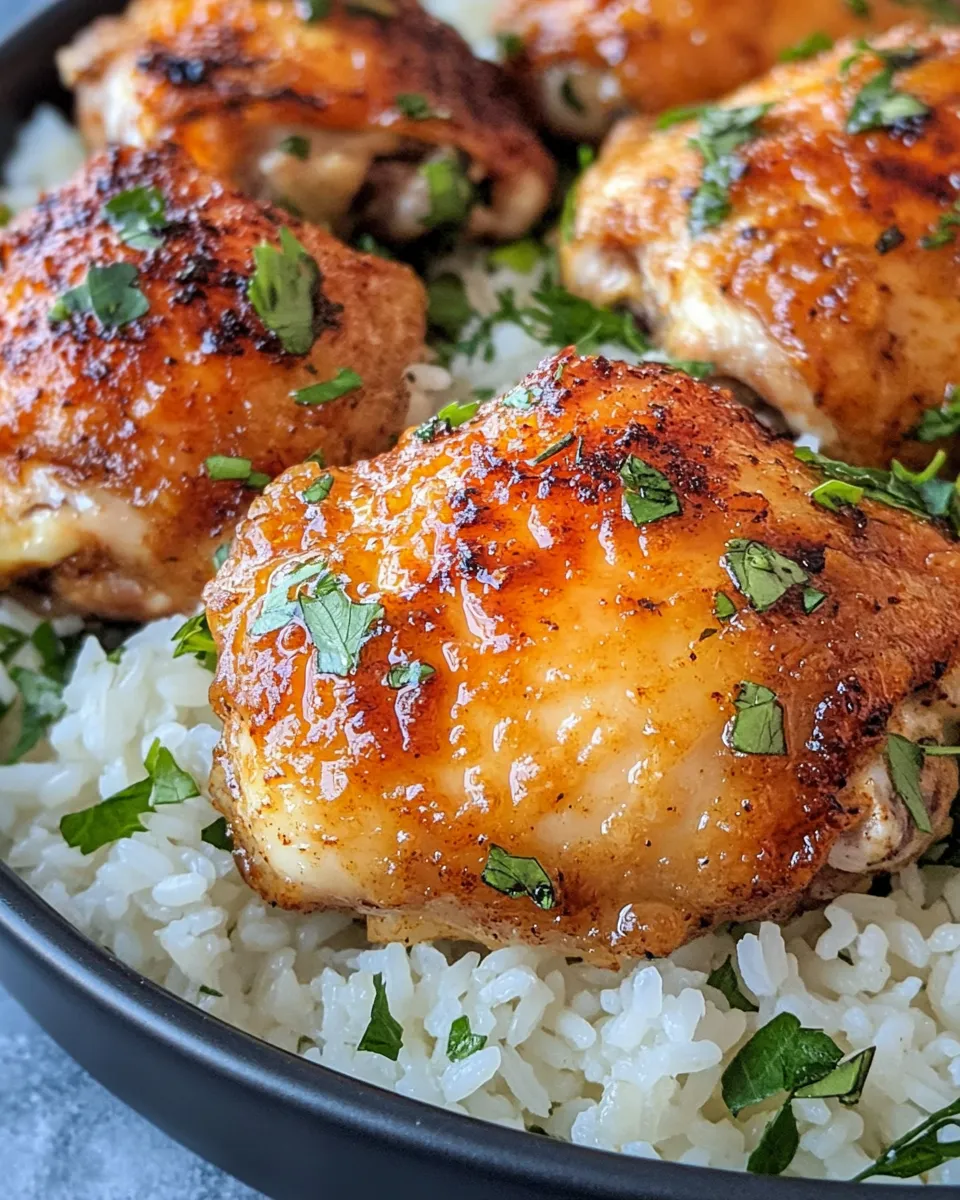 Delicious Smoky Honey Butter Chicken Thighs with Herbed Rice food shot
