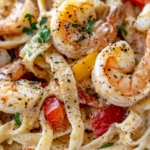 Homemade Spicy Cajun Shrimp Alfredo with Blackened Peppers photo