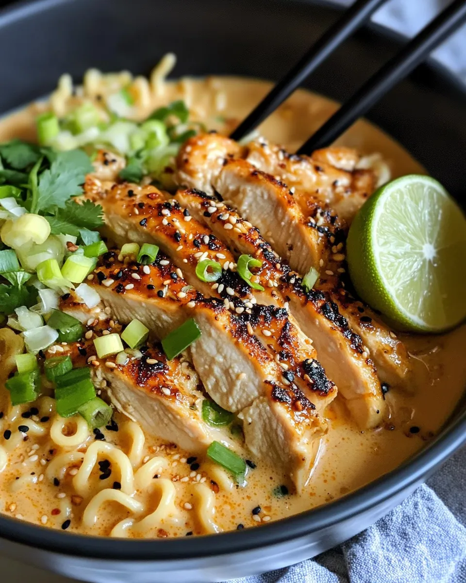 Delicious Spicy Peanut Chicken Ramen with Lime and Scallions food shot