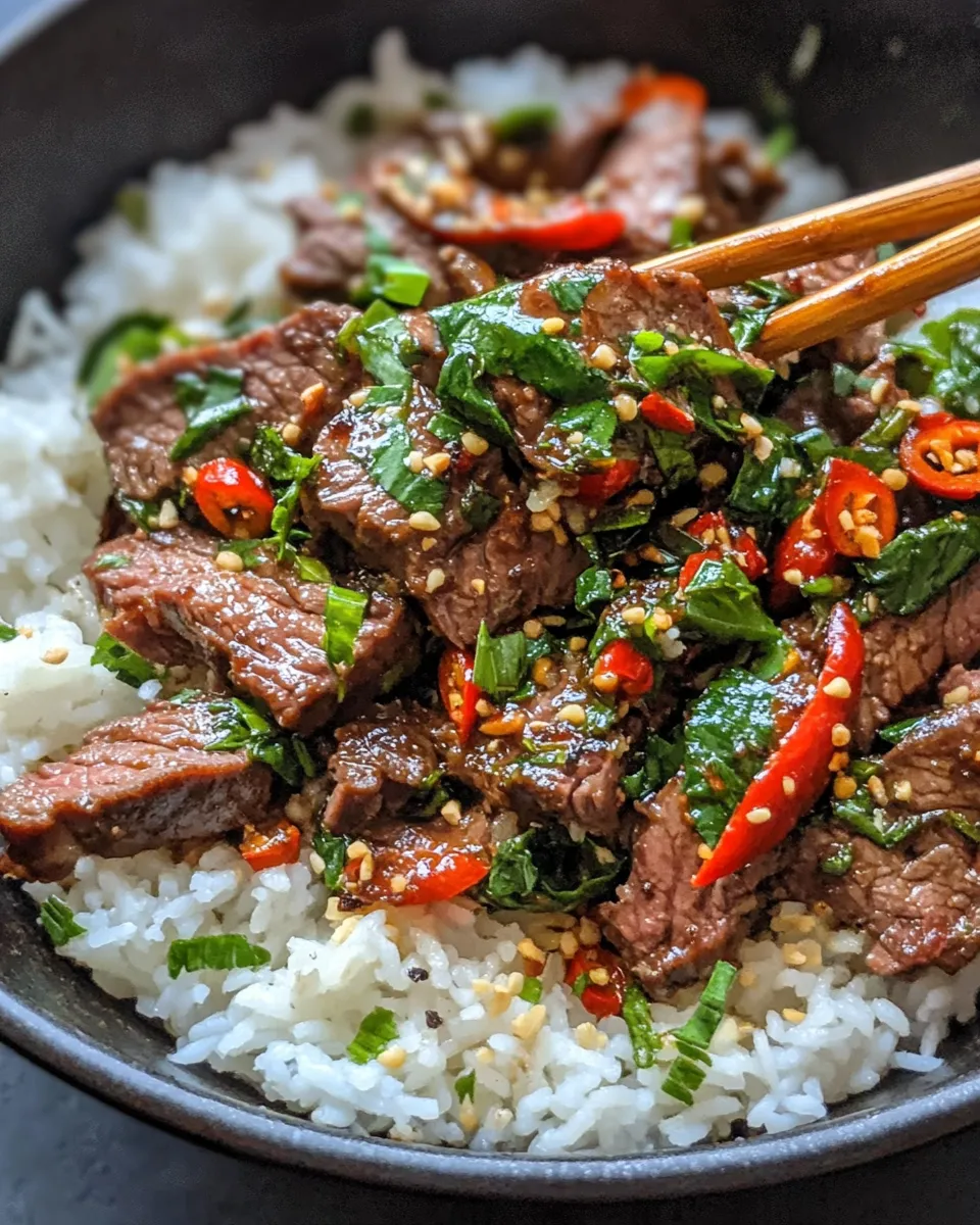 Easy Spicy Thai Basil Beef with Jasmine Rice food shot