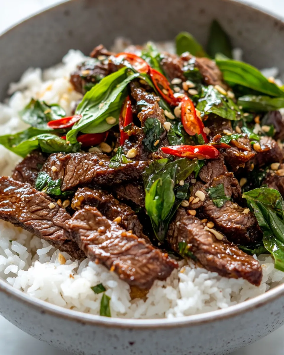 Delicious Spicy Thai Basil Beef with Jasmine Rice plate image
