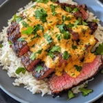Delicious Steak and Queso with Rice food shot