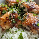 Homemade Sticky Honey Garlic Chicken Thighs with Scallion Rice photo