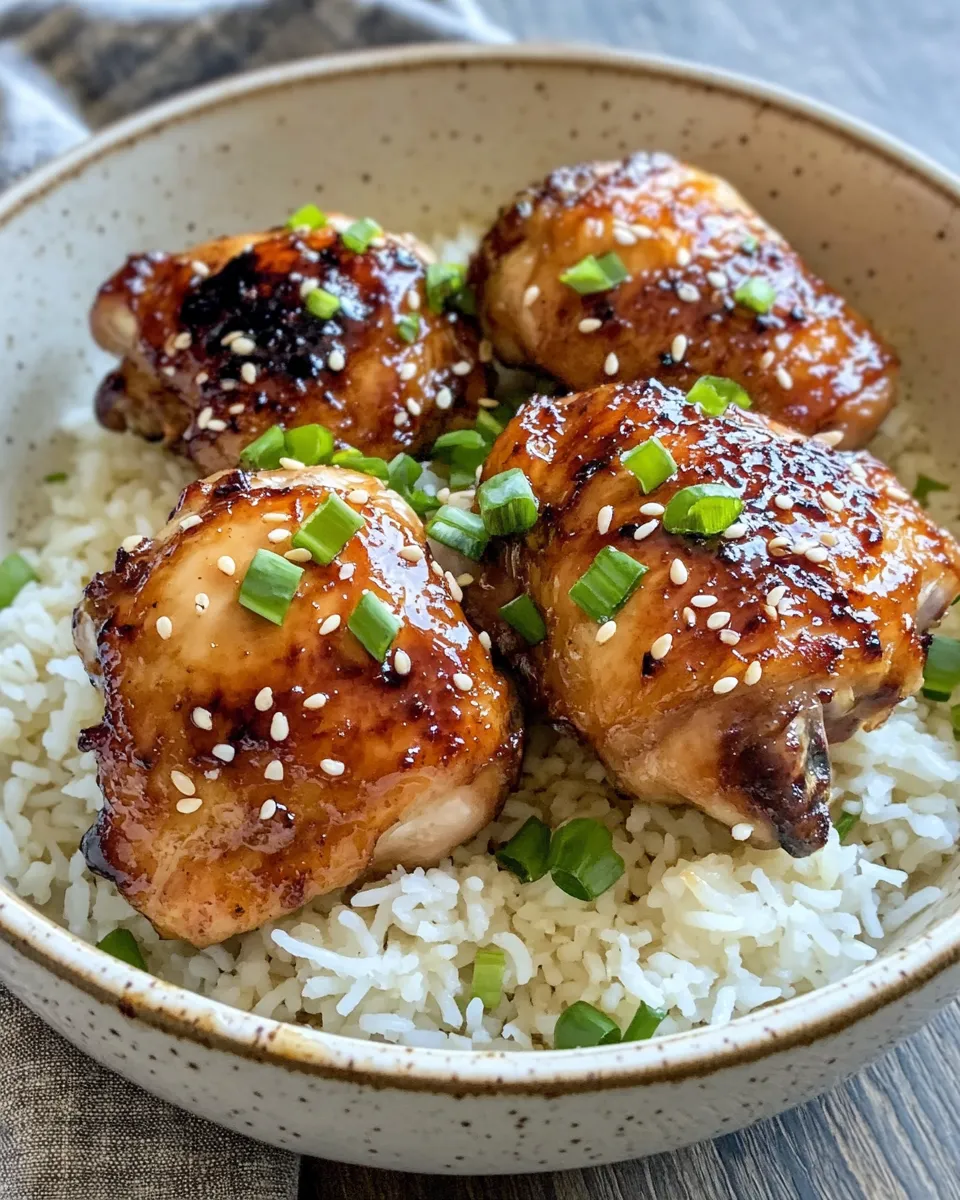 Delicious Sticky Honey Garlic Chicken Thighs with Scallion Rice dish photo