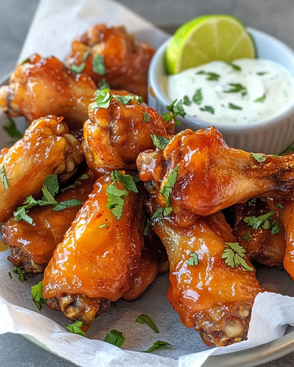 Easy Sticky Honey Sriracha Wings with Garlic-Lime Dip food shot