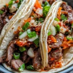 Homemade Sticky Korean BBQ Beef Tacos with Kimchi Slaw recipe photo