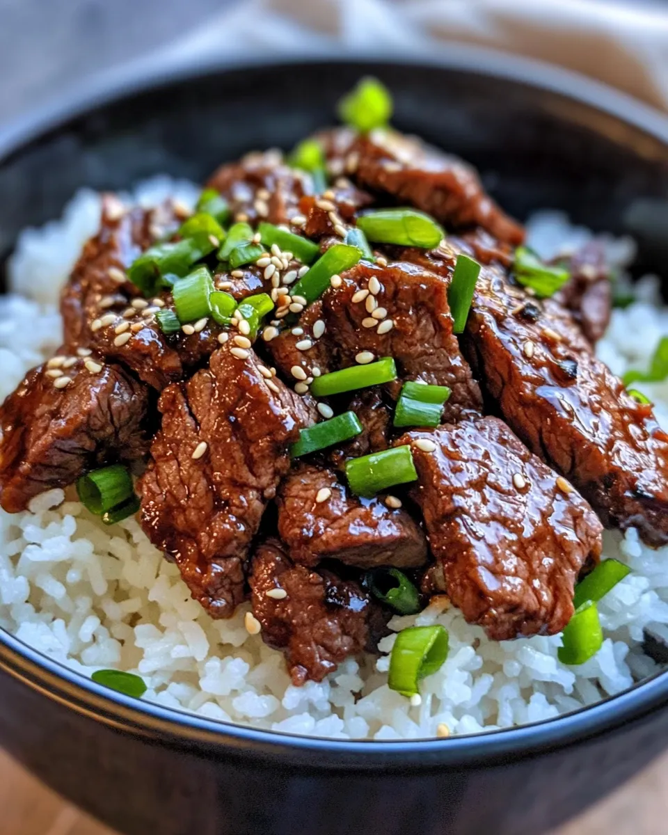 Easy Sticky Mongolian Beef with Scallion Rice food shot
