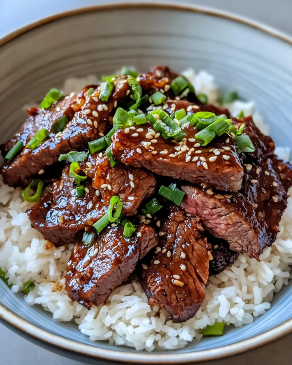 Delicious Sticky Mongolian Beef with Scallion Rice plate image