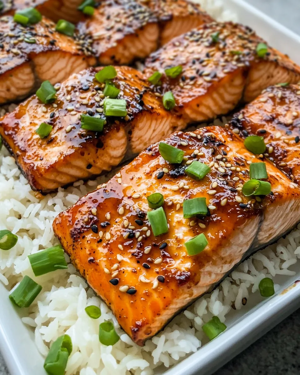 Healthy Sticky Sesame Orange Glazed Salmon with Rice dish photo
