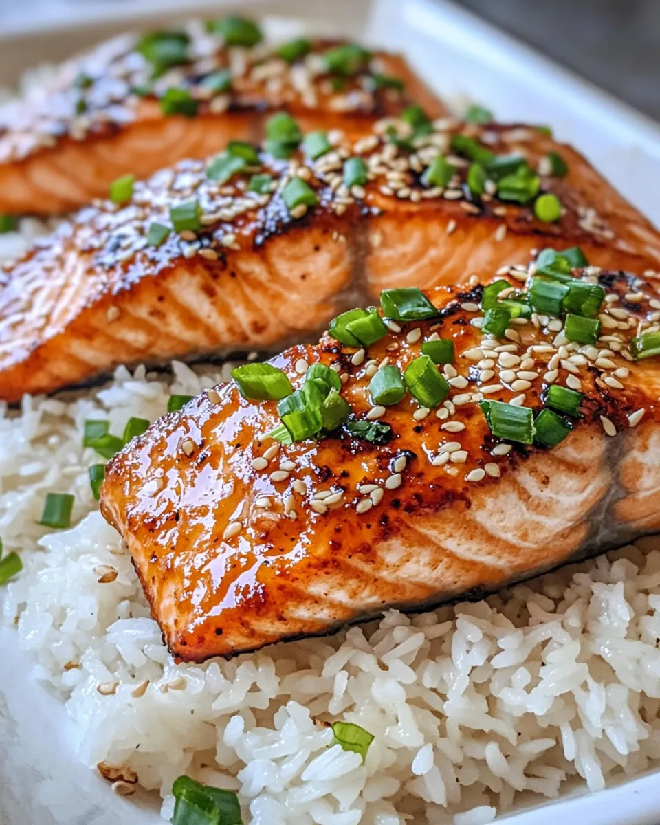 Quick Sticky Sesame Orange Glazed Salmon with Rice food shot