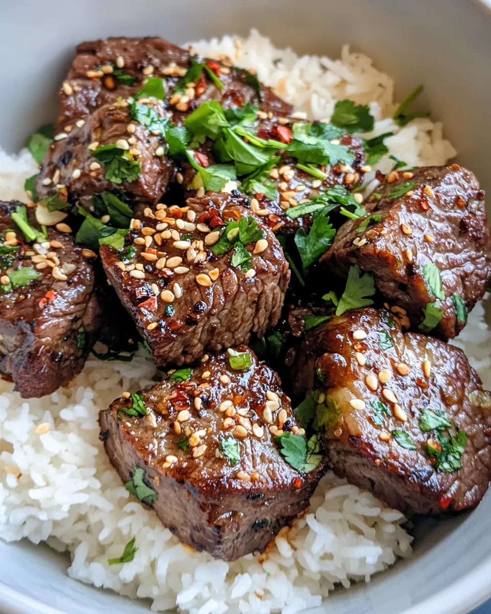 Tasty Sweet Chili Garlic Steak Bites with Coconut Rice dish photo