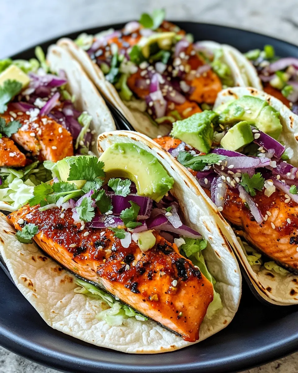 Healthy Sweet Chili Lime Salmon Tacos with Cabbage Crunch food shot