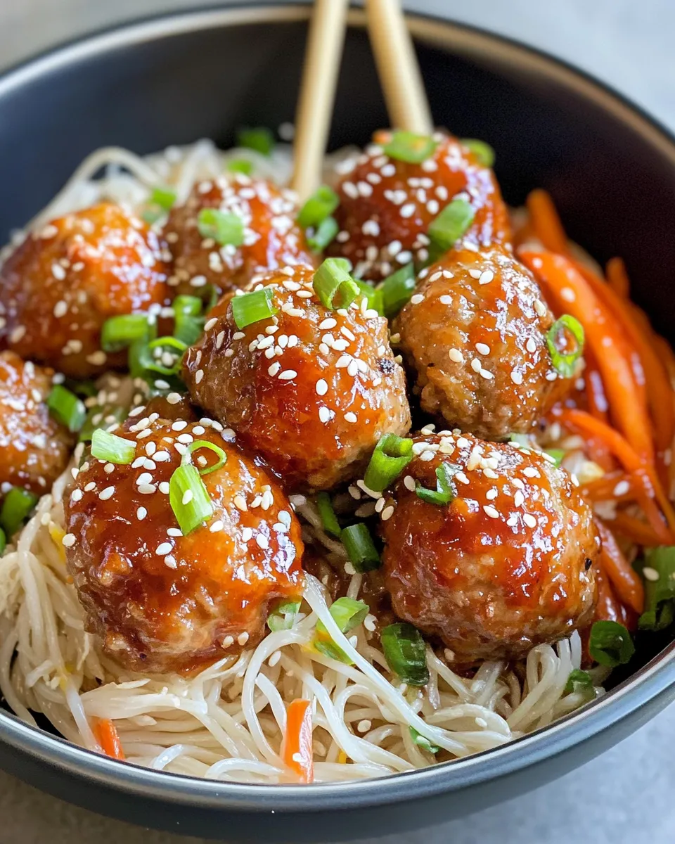 Classic Sweet Chili Sesame Glazed Meatballs with Rice Noodles image