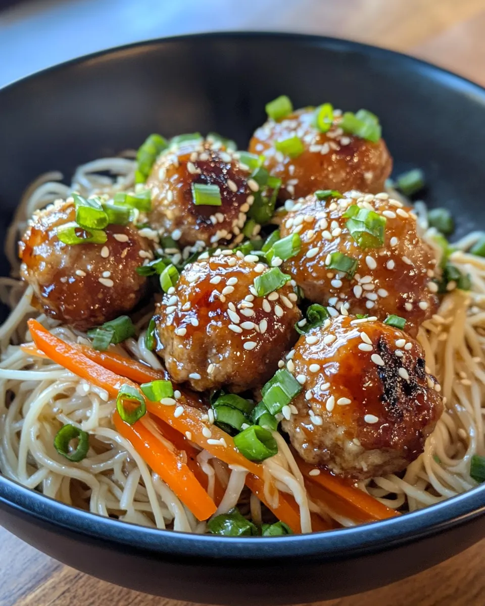 Delicious Sweet Chili Sesame Glazed Meatballs with Rice Noodles dish photo