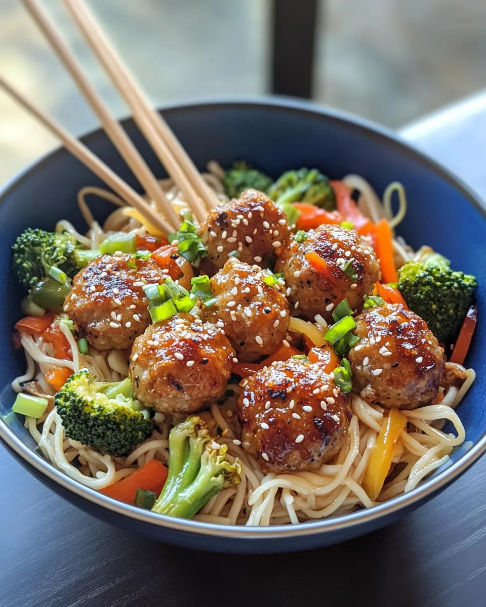 Easy Sweet Soy Ginger Meatball Noodle Bowls food shot