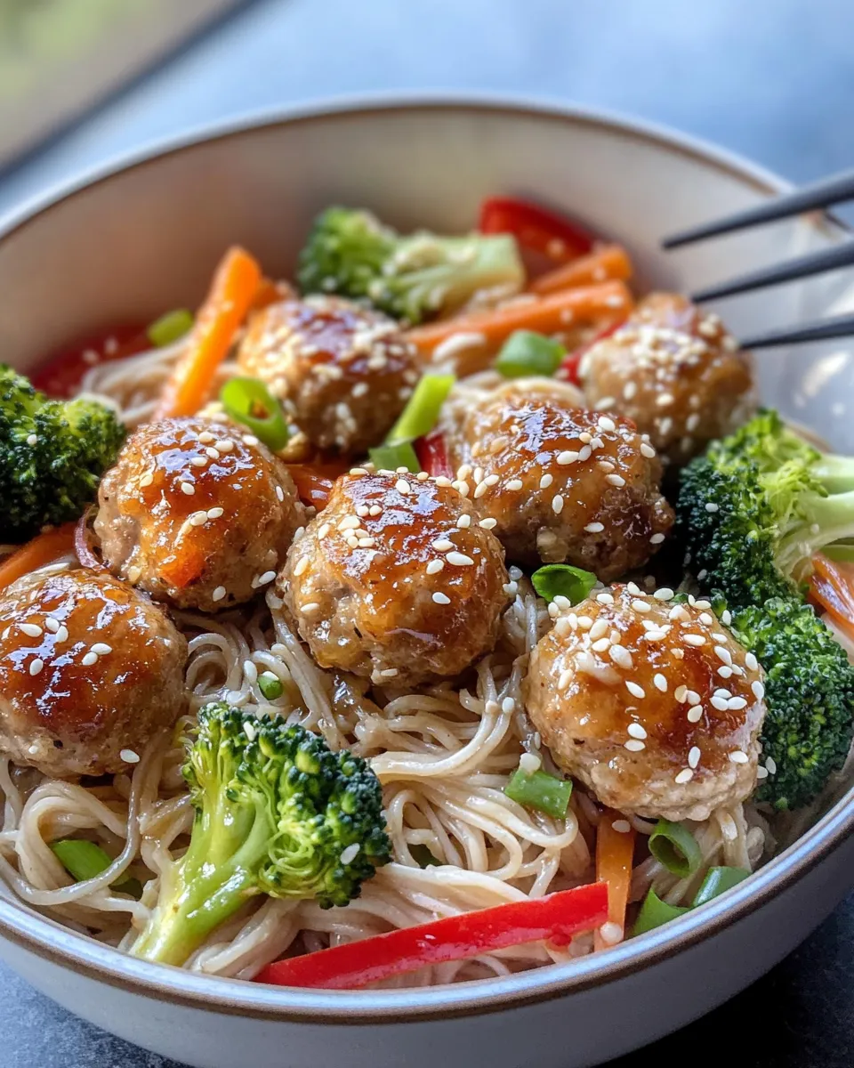 Delicious Sweet Soy Ginger Meatball Noodle Bowls image