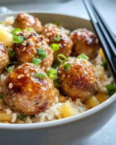 Homemade Sweet Teriyaki Chicken Meatballs with Pineapple Rice photo