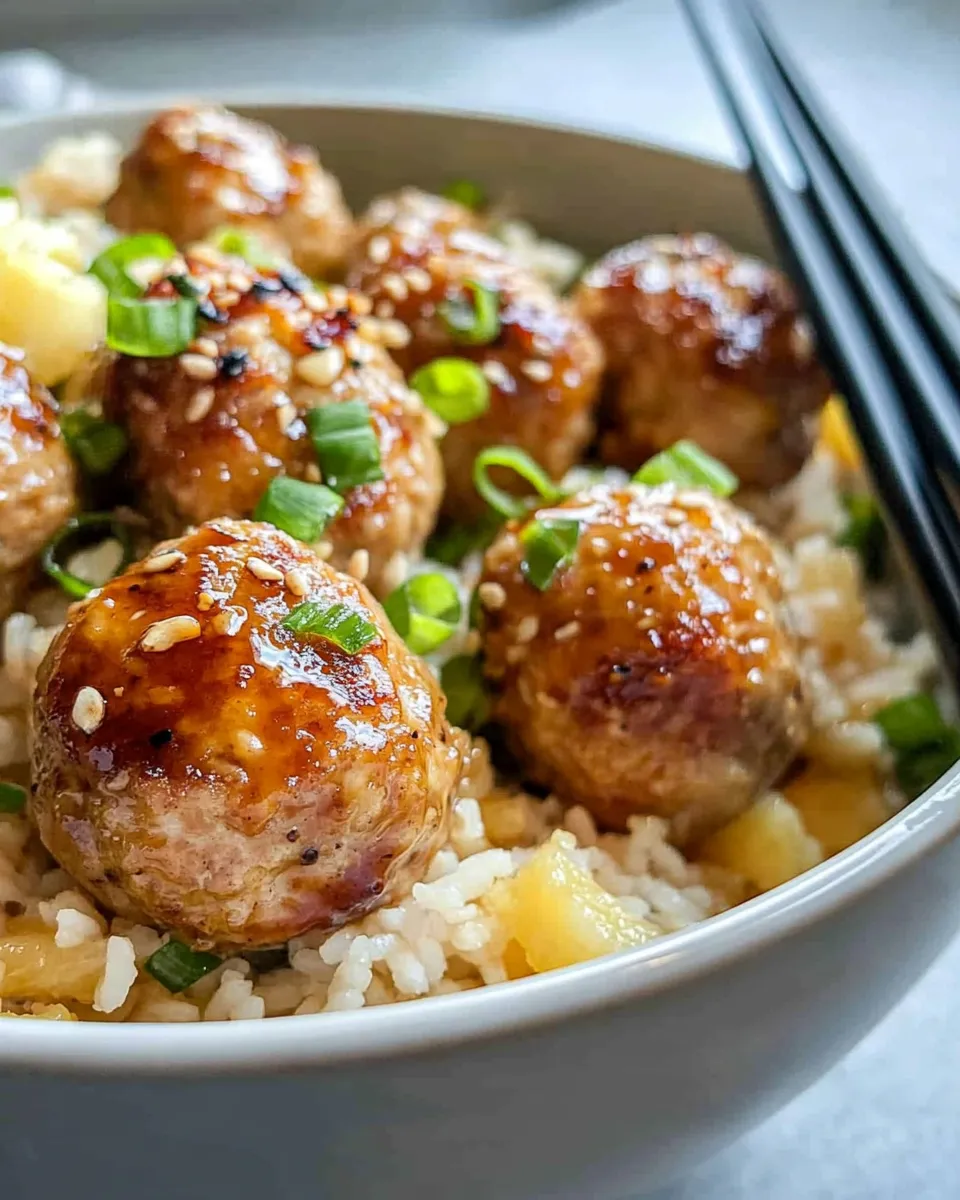 Homemade Sweet Teriyaki Chicken Meatballs with Pineapple Rice photo