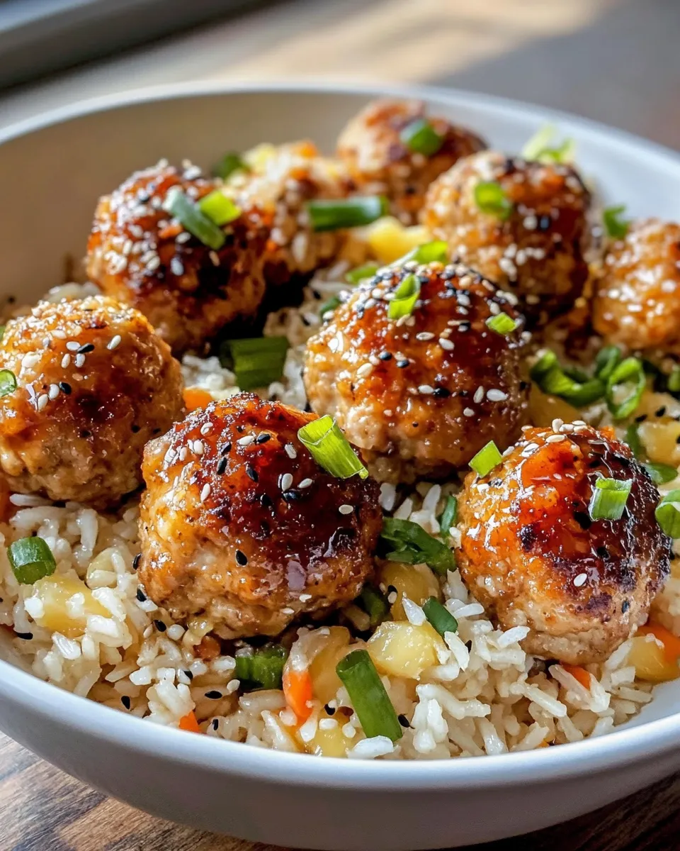 Classic Sweet Teriyaki Chicken Meatballs with Pineapple Rice image