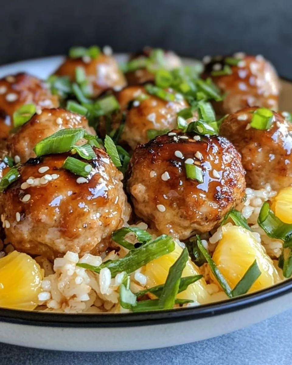 Delicious Sweet Teriyaki Chicken Meatballs with Pineapple Rice food shot