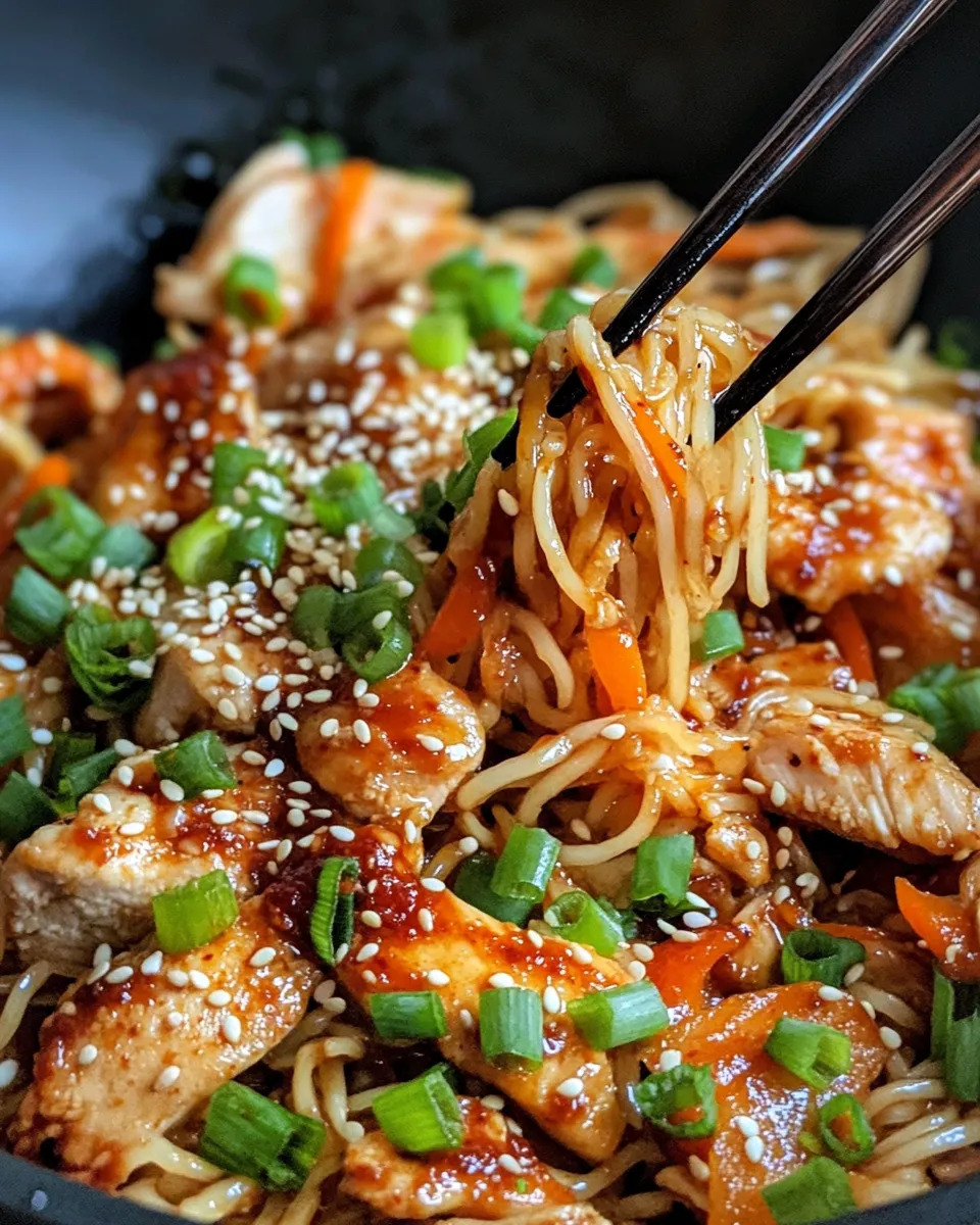 Delicious Sweet and Spicy Gochujang Chicken Noodles food shot