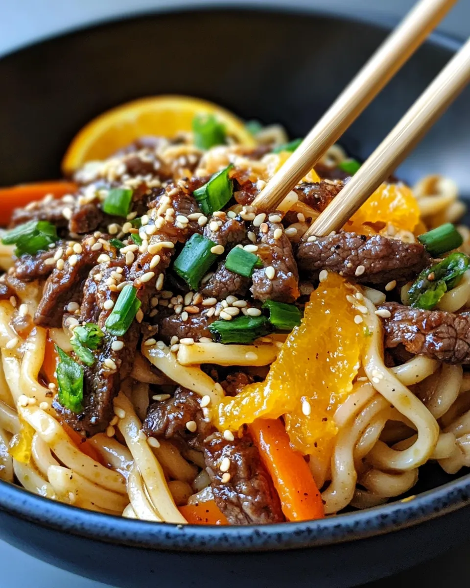 Classic Sweet and Spicy Orange Beef Udon Noodles dish photo
