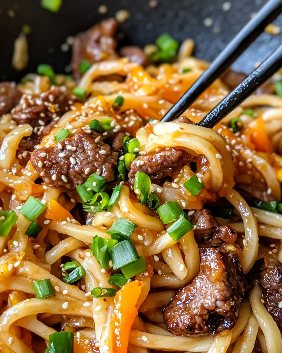 Easy Sweet and Spicy Orange Beef Udon Noodles food shot