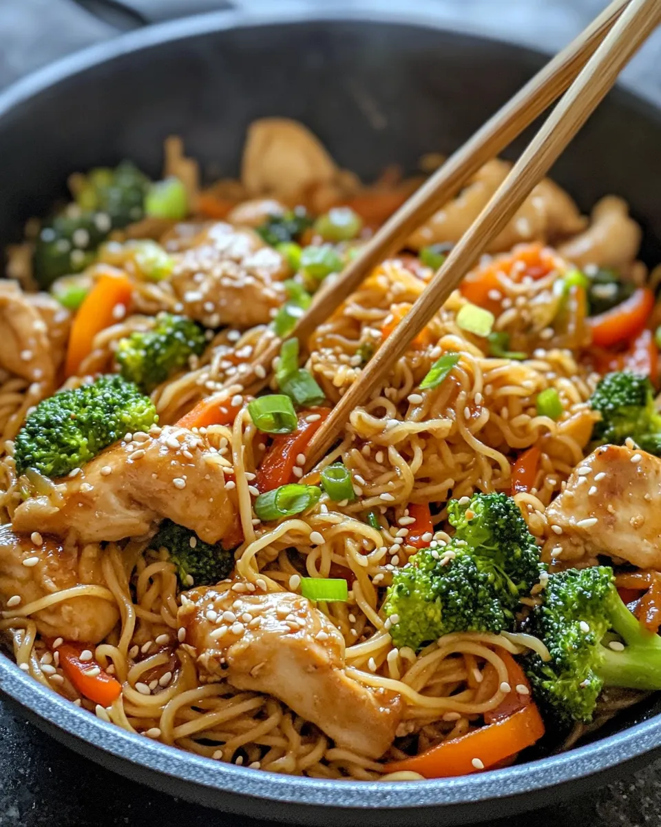 Delicious Teriyaki Chicken Yakisoba with Sesame Seeds food shot