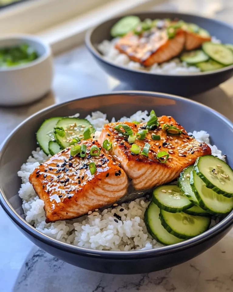 Homemade Teriyaki Salmon Rice Bowls with Pickled Cucumbers recipe photo